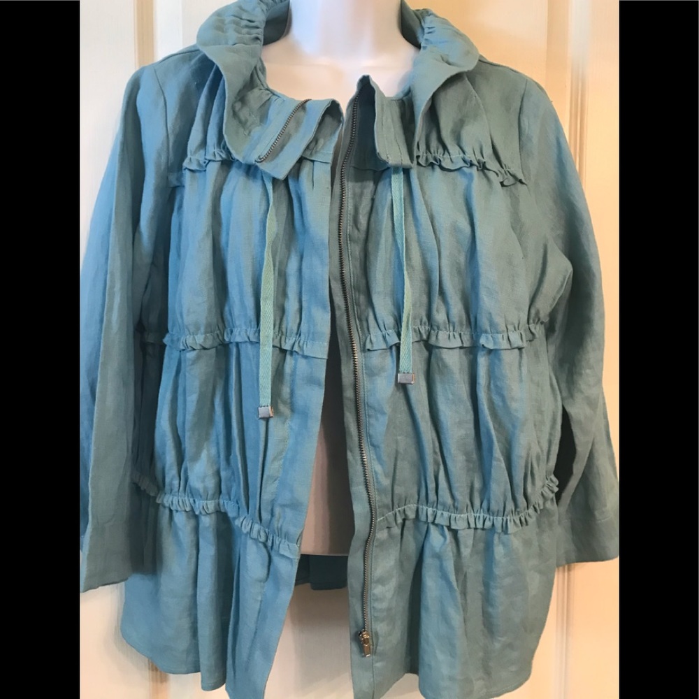 Turquoise Linen Jacket 3/4 Sleeve Zoe D.